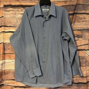 Geoffrey Beene Men 17.5 34/35 Blue Patterned Long Sleeve Button Down Dress Shirt